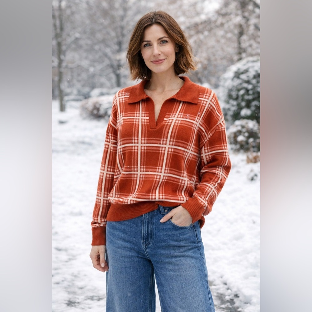 Max Studio Rust Plaid Collared Sweater XL Split Neck Pullover Knit Top NWOT
